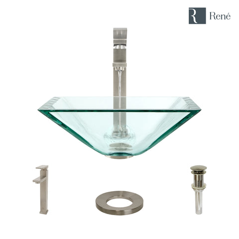 Rene 17" Square Glass Bathroom Sink, Crystal, with Faucet, R5-5003-CRY-R9-7003-BN
