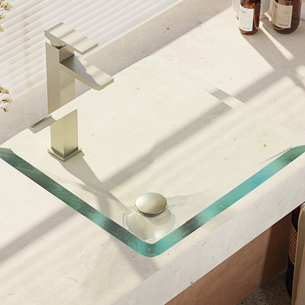 Rene 17" Square Glass Bathroom Sink, Crystal, with Faucet, R5-5003-CRY-R9-7003-BN - The Sink Boutique