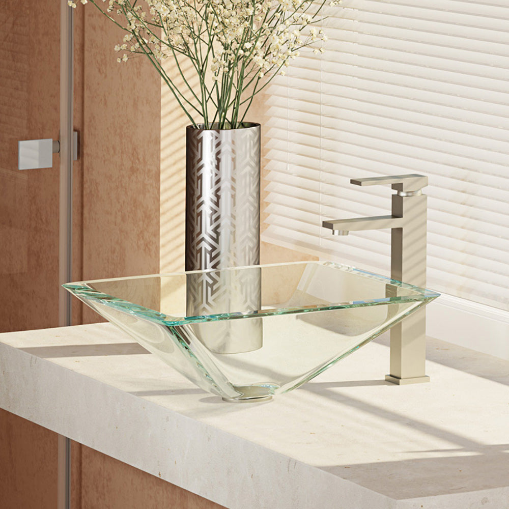 Rene 17" Square Glass Bathroom Sink, Crystal, with Faucet, R5-5003-CRY-R9-7003-BN - The Sink Boutique