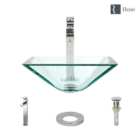 Rene 17" Square Glass Bathroom Sink, Crystal, with Faucet, R5-5003-CRY-R9-7003-C