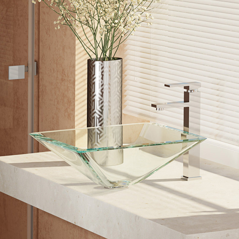 Alternate Image for Rene 17" Square Glass Bathroom Sink, Crystal, with Faucet, R5-5003-CRY-R9-7003-C