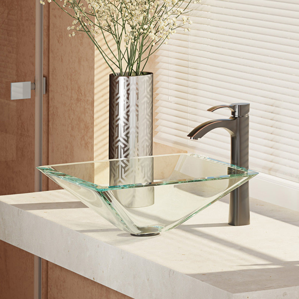 Alternate Image for Rene 17" Square Glass Bathroom Sink, Crystal, with Faucet, R5-5003-CRY-R9-7006-ABR