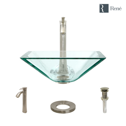 Rene 17" Square Glass Bathroom Sink, Crystal, with Faucet, R5-5003-CRY-R9-7006-BN