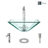 Rene 17" Square Glass Bathroom Sink, Crystal, with Faucet, R5-5003-CRY-R9-7006-C