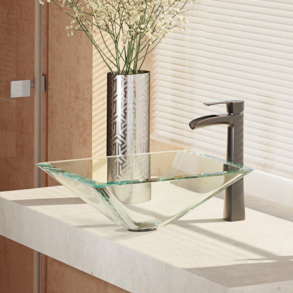 Rene 17" Square Glass Bathroom Sink, Crystal, with Faucet, R5-5003-CRY-R9-7007-ABR - The Sink Boutique
