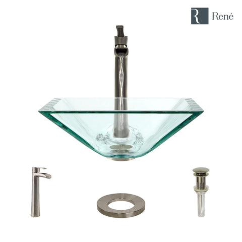 Rene 17" Square Glass Bathroom Sink, Crystal, with Faucet, R5-5003-CRY-R9-7007-BN