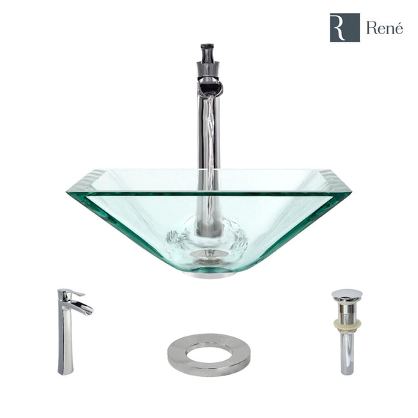 Rene 17" Square Glass Bathroom Sink, Crystal, with Faucet, R5-5003-CRY-R9-7007-C