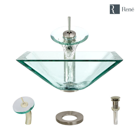 Rene 17" Square Glass Bathroom Sink, Crystal, with Faucet, R5-5003-CRY-WF-BN