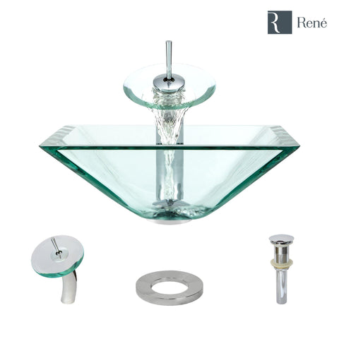 Rene 17" Square Glass Bathroom Sink, Crystal, with Faucet, R5-5003-CRY-WF-C