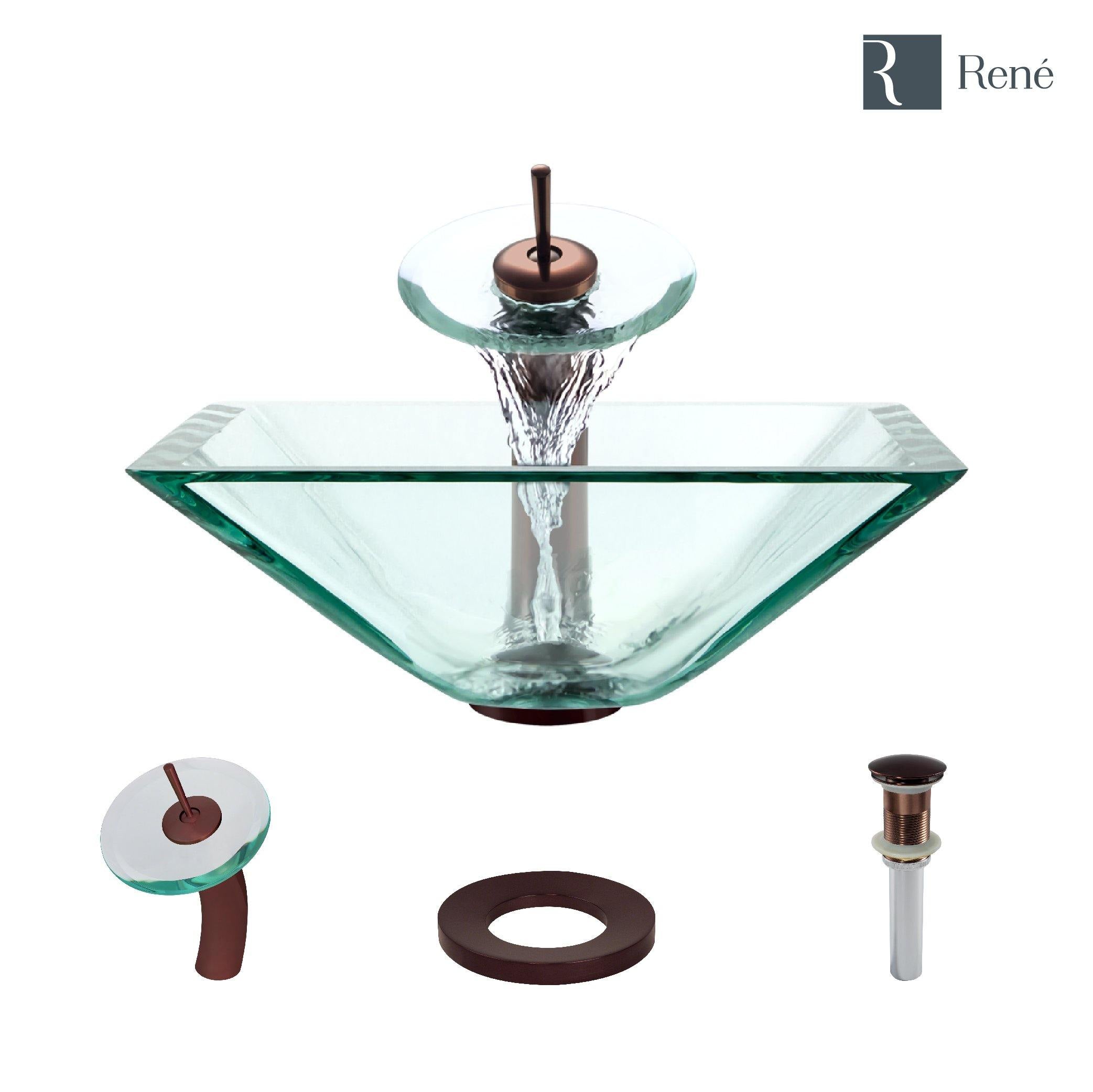 Rene 17" Square Glass Bathroom Sink, Crystal, with Faucet, R5-5003-CRY-WF-ORB