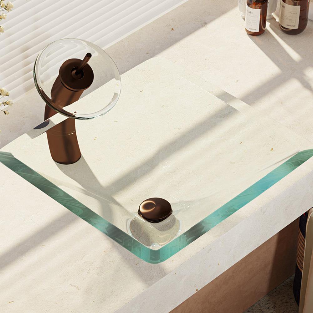 Rene 17" Square Glass Bathroom Sink, Crystal, with Faucet, R5-5003-CRY-WF-ORB - The Sink Boutique