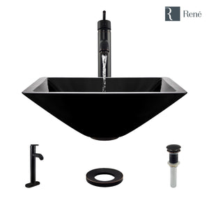 Alternate Image for Rene 17" Square Glass Bathroom Sink, Noir, with Faucet, R5-5003-NOR-R9-7001-ABR