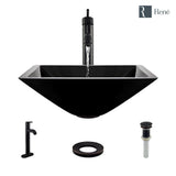 Rene 17" Square Glass Bathroom Sink, Noir, with Faucet, R5-5003-NOR-R9-7001-ABR