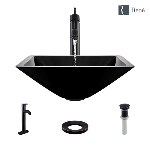 Rene 17" Square Glass Bathroom Sink, Noir, with Faucet, R5-5003-NOR-R9-7001-ABR