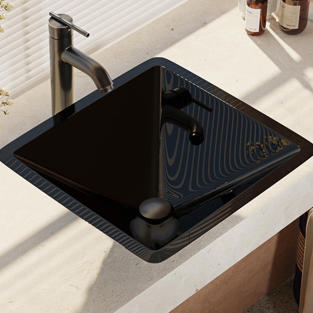 Rene 17" Square Glass Bathroom Sink, Noir, with Faucet, R5-5003-NOR-R9-7001-ABR - The Sink Boutique