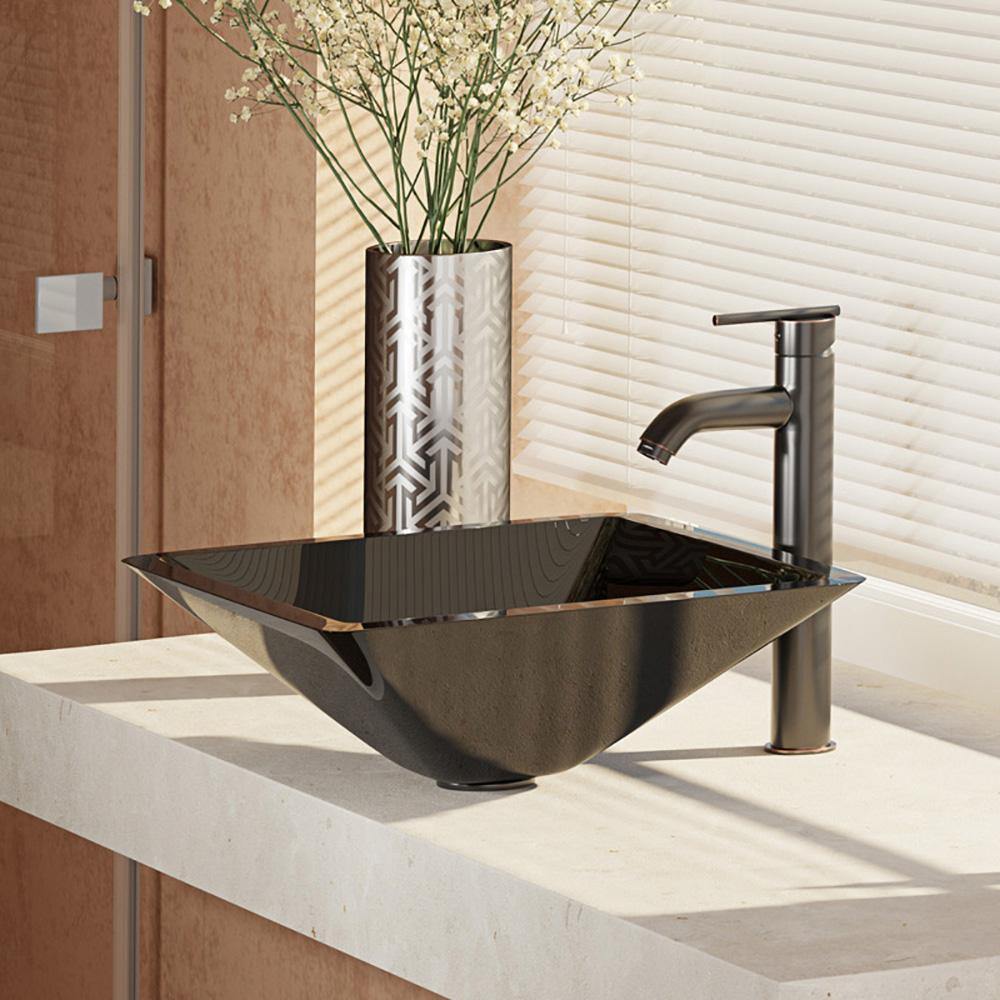 Rene 17" Square Glass Bathroom Sink, Noir, with Faucet, R5-5003-NOR-R9-7001-ABR - The Sink Boutique