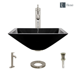 Alternate Image for Rene 17" Square Glass Bathroom Sink, Noir, with Faucet, R5-5003-NOR-R9-7001-BN