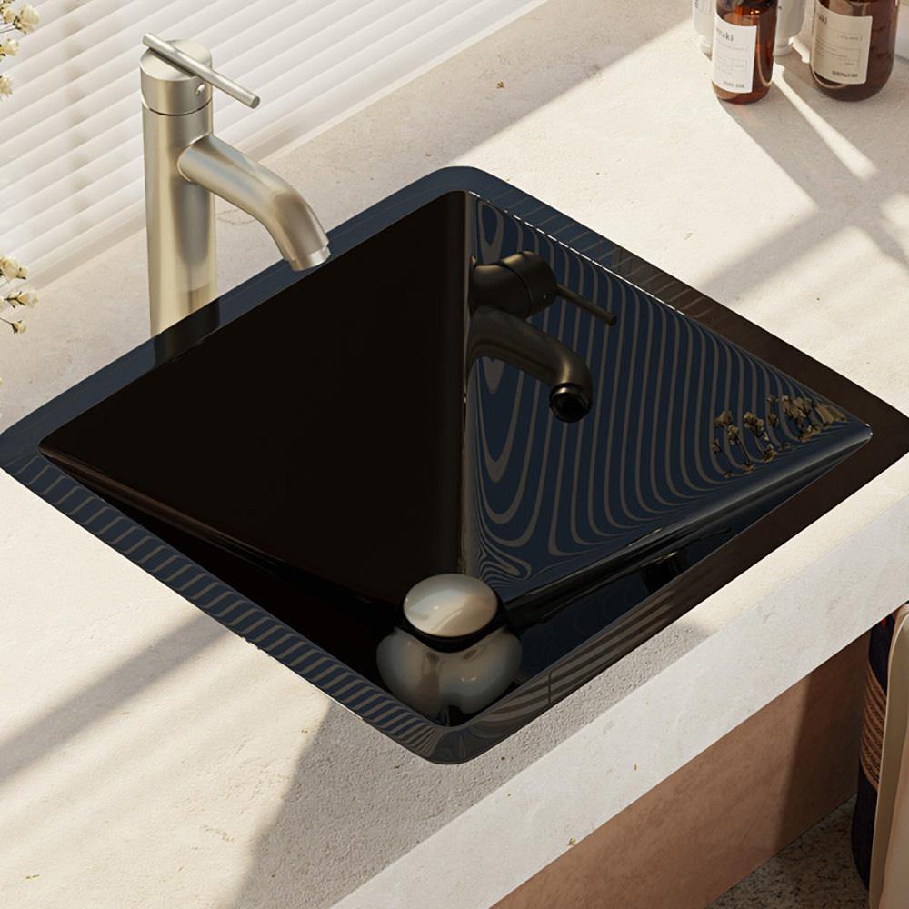 Rene 17" Square Glass Bathroom Sink, Noir, with Faucet, R5-5003-NOR-R9-7001-BN - The Sink Boutique