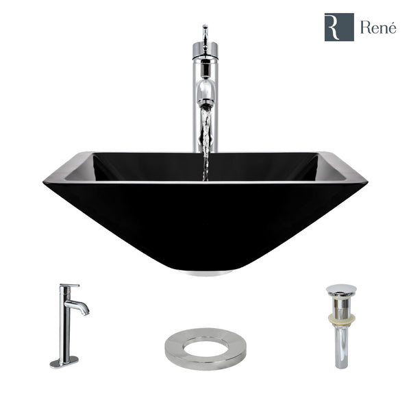 Rene 17" Square Glass Bathroom Sink, Noir, with Faucet, R5-5003-NOR-R9-7001-C