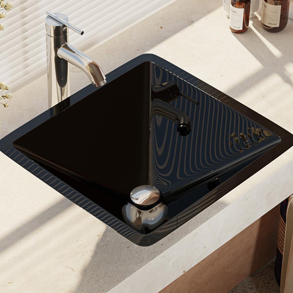 Rene 17" Square Glass Bathroom Sink, Noir, with Faucet, R5-5003-NOR-R9-7001-C - The Sink Boutique