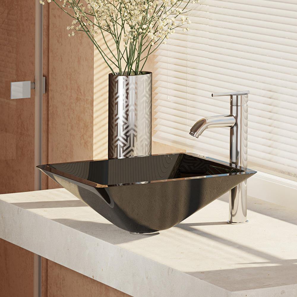 Rene 17" Square Glass Bathroom Sink, Noir, with Faucet, R5-5003-NOR-R9-7001-C - The Sink Boutique