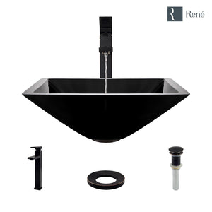 Alternate Image for Rene 17" Square Glass Bathroom Sink, Noir, with Faucet, R5-5003-NOR-R9-7003-ABR