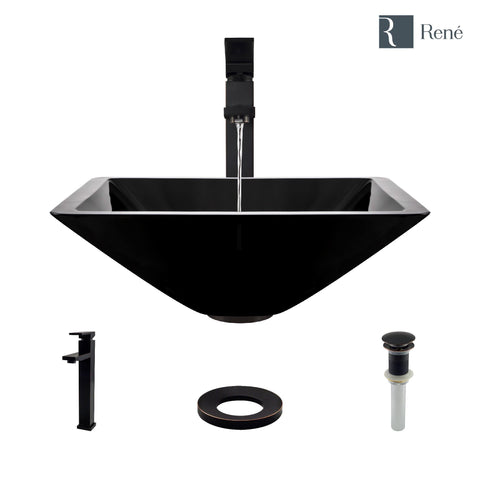 Rene 17" Square Glass Bathroom Sink, Noir, with Faucet, R5-5003-NOR-R9-7003-ABR