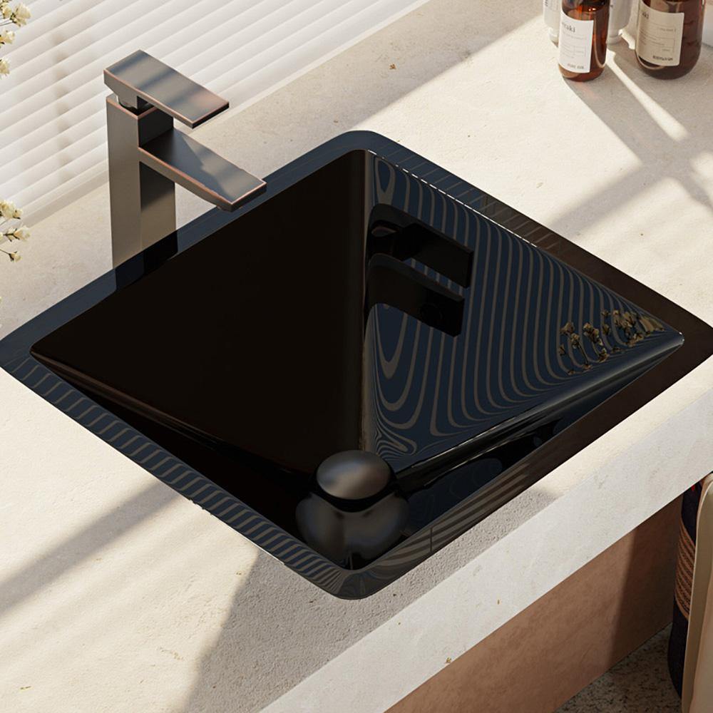 Rene 17" Square Glass Bathroom Sink, Noir, with Faucet, R5-5003-NOR-R9-7003-ABR - The Sink Boutique