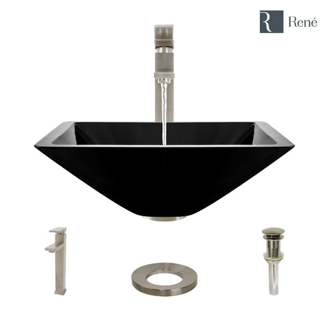 Rene 17" Square Glass Bathroom Sink, Noir, with Faucet, R5-5003-NOR-R9-7003-BN