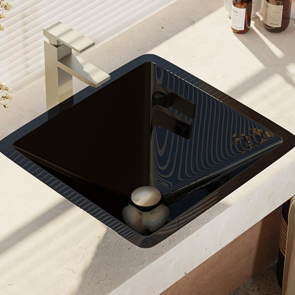 Rene 17" Square Glass Bathroom Sink, Noir, with Faucet, R5-5003-NOR-R9-7003-BN - The Sink Boutique