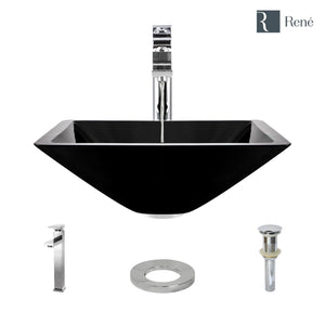 Alternate Image for Rene 17" Square Glass Bathroom Sink, Noir, with Faucet, R5-5003-NOR-R9-7003-C