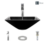 Rene 17" Square Glass Bathroom Sink, Noir, with Faucet, R5-5003-NOR-R9-7003-C