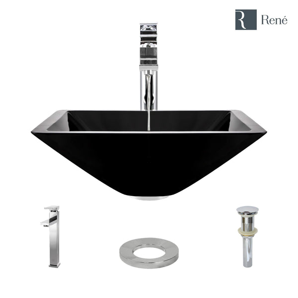Rene 17" Square Glass Bathroom Sink, Noir, with Faucet, R5-5003-NOR-R9-7003-C