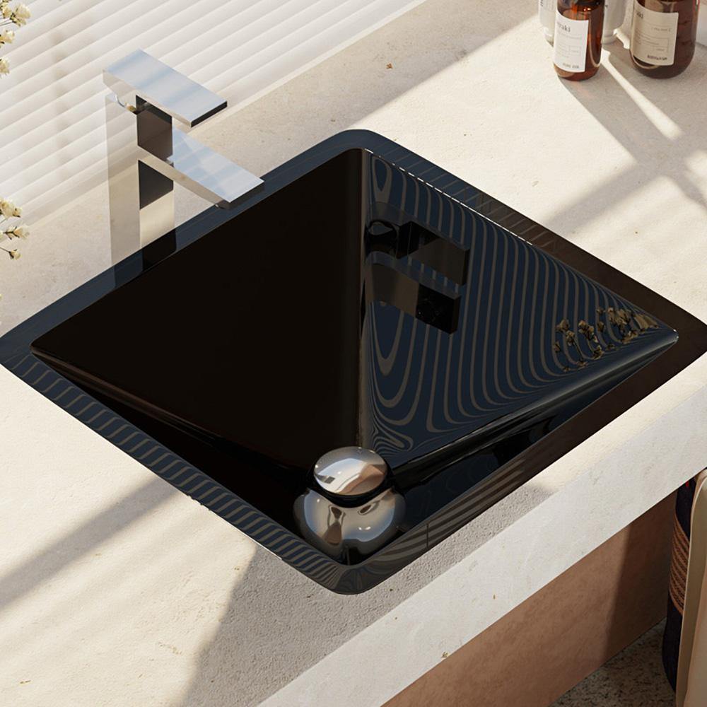 Rene 17" Square Glass Bathroom Sink, Noir, with Faucet, R5-5003-NOR-R9-7003-C - The Sink Boutique