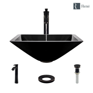 Alternate Image for Rene 17" Square Glass Bathroom Sink, Noir, with Faucet, R5-5003-NOR-R9-7006-ABR