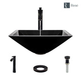 Rene 17" Square Glass Bathroom Sink, Noir, with Faucet, R5-5003-NOR-R9-7006-ABR