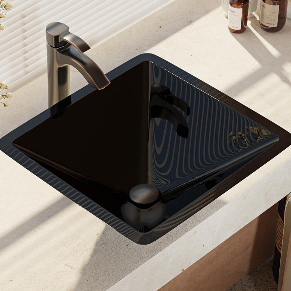 Rene 17" Square Glass Bathroom Sink, Noir, with Faucet, R5-5003-NOR-R9-7006-ABR - The Sink Boutique