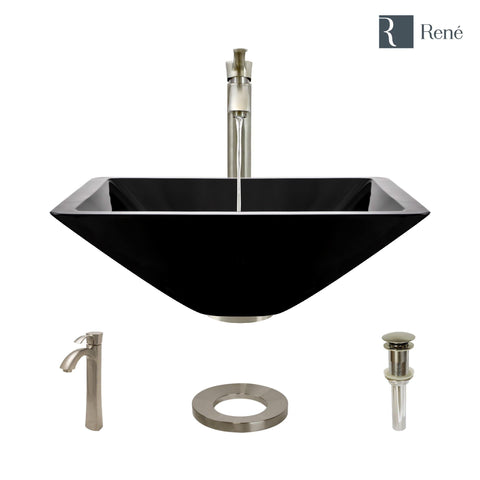 Rene 17" Square Glass Bathroom Sink, Noir, with Faucet, R5-5003-NOR-R9-7006-BN