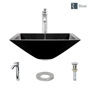 Alternate Image for Rene 17" Square Glass Bathroom Sink, Noir, with Faucet, R5-5003-NOR-R9-7006-C