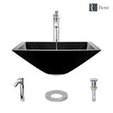 Rene 17" Square Glass Bathroom Sink, Noir, with Faucet, R5-5003-NOR-R9-7006-C