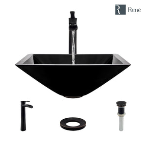 Alternate Image for Rene 17" Square Glass Bathroom Sink, Noir, with Faucet, R5-5003-NOR-R9-7007-ABR