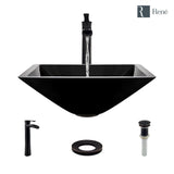 Rene 17" Square Glass Bathroom Sink, Noir, with Faucet, R5-5003-NOR-R9-7007-ABR