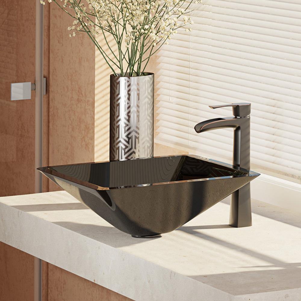Rene 17" Square Glass Bathroom Sink, Noir, with Faucet, R5-5003-NOR-R9-7007-ABR - The Sink Boutique