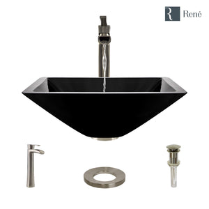 Alternate Image for Rene 17" Square Glass Bathroom Sink, Noir, with Faucet, R5-5003-NOR-R9-7007-BN
