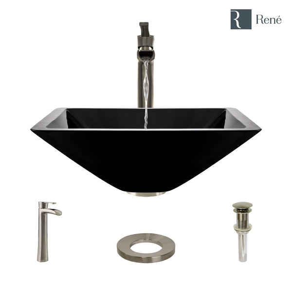 Rene 17" Square Glass Bathroom Sink, Noir, with Faucet, R5-5003-NOR-R9-7007-BN
