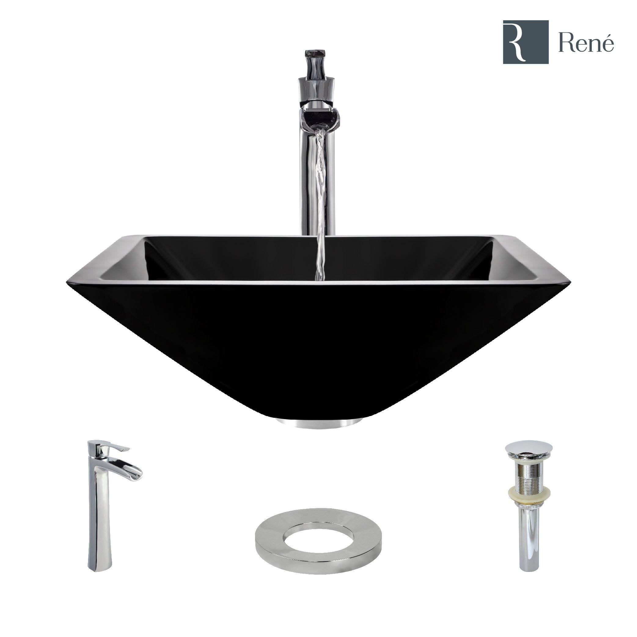 Rene 17" Square Glass Bathroom Sink, Noir, with Faucet, R5-5003-NOR-R9-7007-C