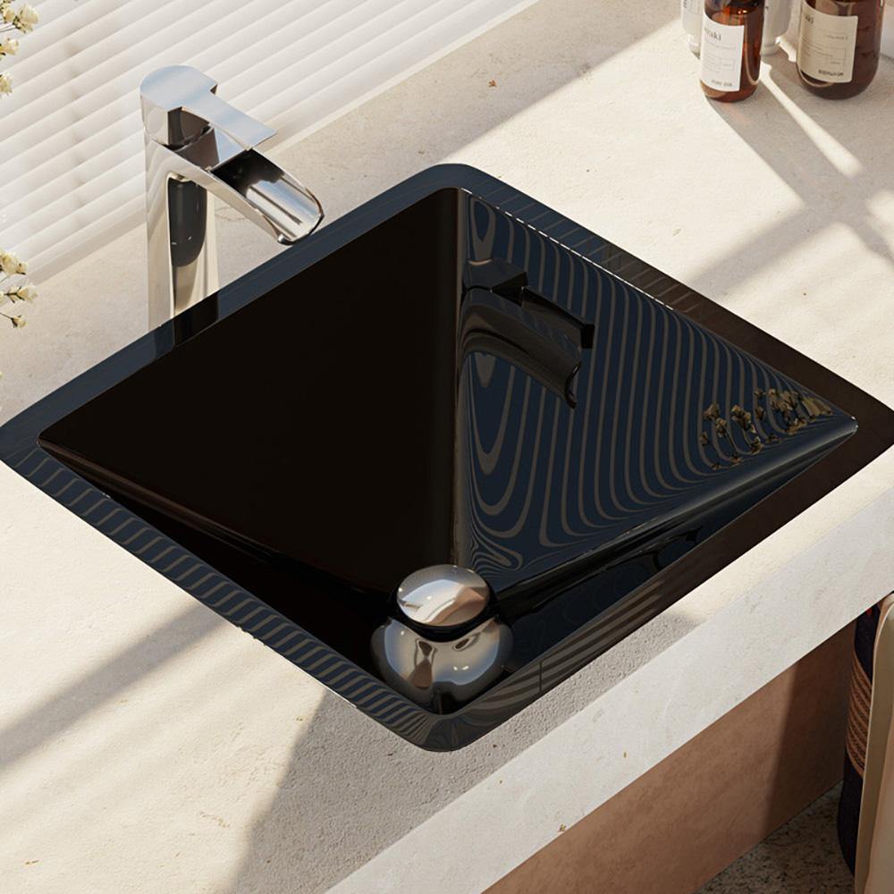 Rene 17" Square Glass Bathroom Sink, Noir, with Faucet, R5-5003-NOR-R9-7007-C - The Sink Boutique