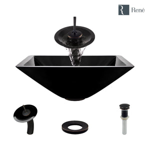 Alternate Image for Rene 17" Square Glass Bathroom Sink, Noir, with Faucet, R5-5003-NOR-WF-ABR