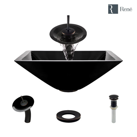 Rene 17" Square Glass Bathroom Sink, Noir, with Faucet, R5-5003-NOR-WF-ABR