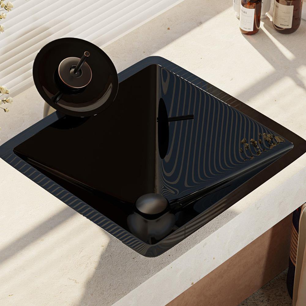 Rene 17" Square Glass Bathroom Sink, Noir, with Faucet, R5-5003-NOR-WF-ABR - The Sink Boutique